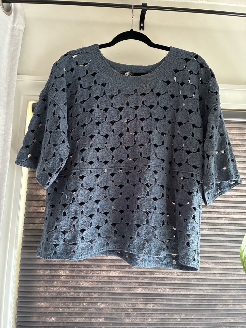 bobeau Blue Crochet Floral Knit Top